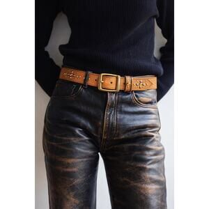 Rolf’s Tan Leather Studded Belt w Amber Rhinestone Tip | Brass Buckle Artisan